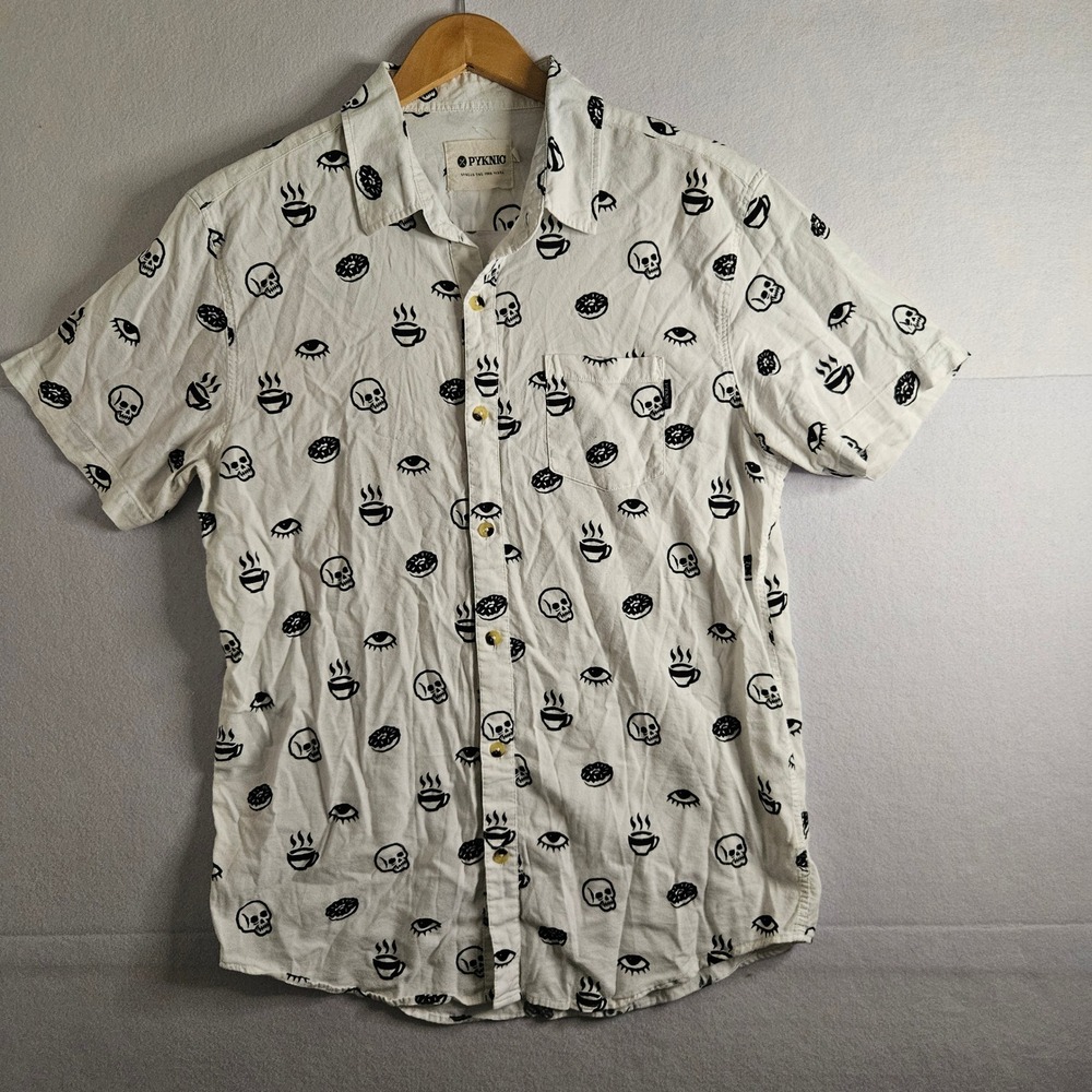 Pyknic Mens Skulls Coffee Donuts Eyes White Short Sleeve Button Up Shirt Large